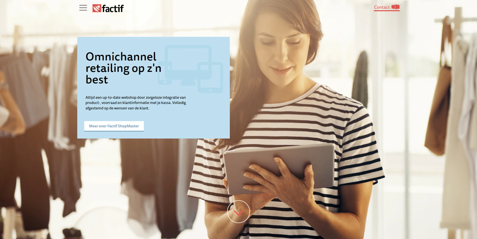 Factif-homepagina met navigatie en een retailhero voor de ShopMaster-propositie.