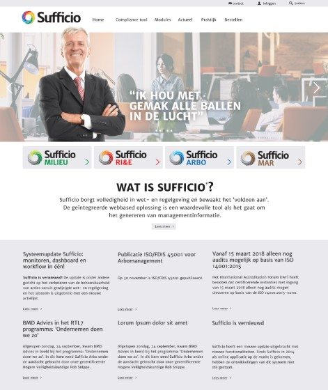 Desktopontwerp van de Sufficio-homepage met gekleurde moduleknoppen en verschillende inhoudsblokken.