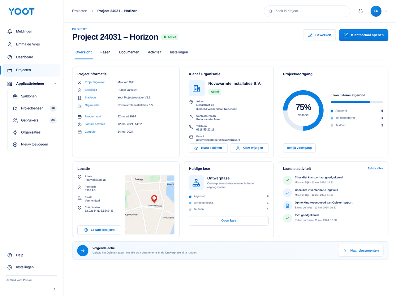 Visuele reconstructie van een Yoot Portaal-projectdetail met projectinformatie, verantwoordelijke organisatie, locatie, voortgang, huidige fase en recente activiteit.