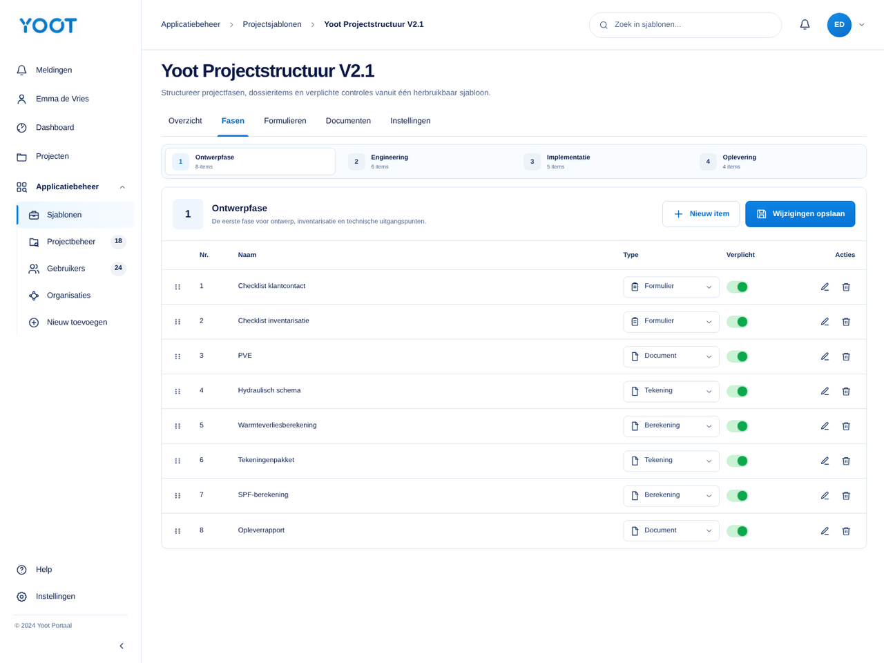 Visuele reconstructie van de Yoot Portaal-projectsjabloon-editor met vier fasen en configureerbare dossieritems, typen en verplichte statussen.